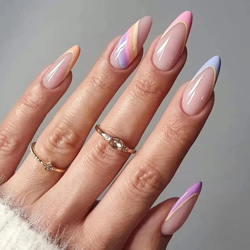 24pcs Short Almond Shape Realistic False Nails for Girls Acrylic Press on Nails Reusable Adhesive Fake Nails with Jelly Glue