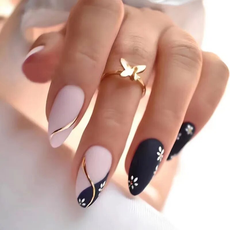 24pcs Short Almond Shape Realistic False Nails for Girls Acrylic Press on Nails Reusable Adhesive Fake Nails with Jelly Glue